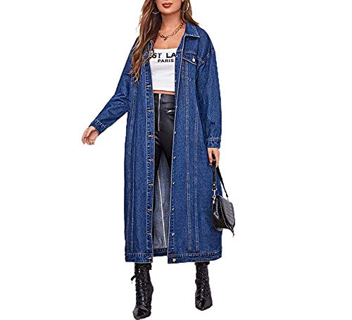 chouyatou Women's Fashion Spring Button Down Midi Long Denim Jean Jacket Trench Coat (XX-Large, Blue)
