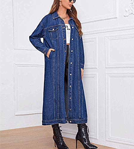 chouyatou Women's Fashion Spring Button Down Midi Long Denim Jean Jacket Trench Coat (XX-Large, Blue)