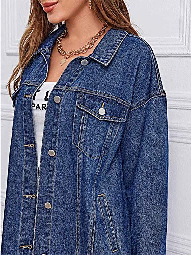chouyatou Women's Fashion Spring Button Down Midi Long Denim Jean Jacket Trench Coat (XX-Large, Blue)