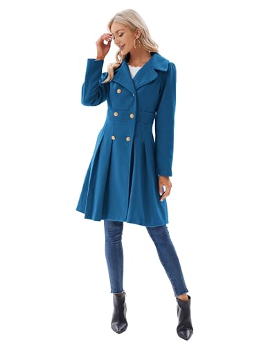 GRACE KARIN Women Fashion Lapel Double-Breasted A Line Trench Coat Jacket Teal Blue XL