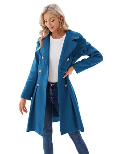 GRACE KARIN Women Fashion Lapel Double-Breasted A Line Trench Coat Jacket Teal Blue XL