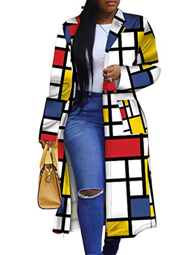Women's Colored Geo Turn Down Collar Trench Coat Colorful Outerwear Cardigan Long Blazer Jacket(YE-2XL) Yellow