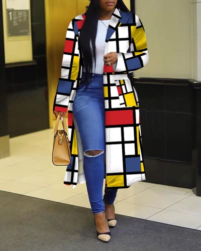Women's Colored Geo Turn Down Collar Trench Coat Colorful Outerwear Cardigan Long Blazer Jacket(YE-2XL) Yellow