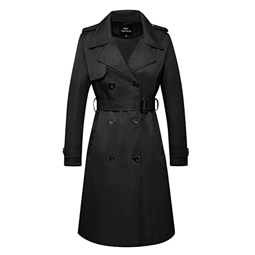 FARVALUE Women's Long Trenchcoat Double Breasted Trench Coat Water Resistant Classic Peacoat with Belt Black Medium