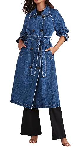 CHARTOU Women's Casual Double Breasted Long Denim Trench Coat Jean Jacket Trenchcoat with Belt Duster Coat (Small,Blue)