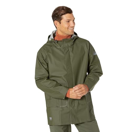 Helly-Hansen Workwear Mandal Adjustable Waterproof Jackets for Men - Heavy Duty Comfortable PVC-Coated Protective Rain Coat, Army Green - XL