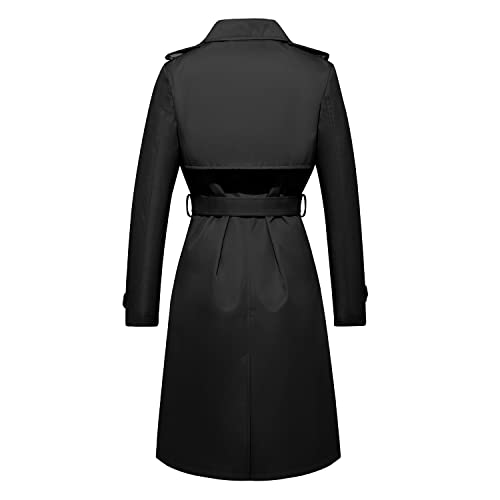 FARVALUE Women's Long Trenchcoat Double Breasted Trench Coat Water Resistant Classic Peacoat with Belt Black Medium