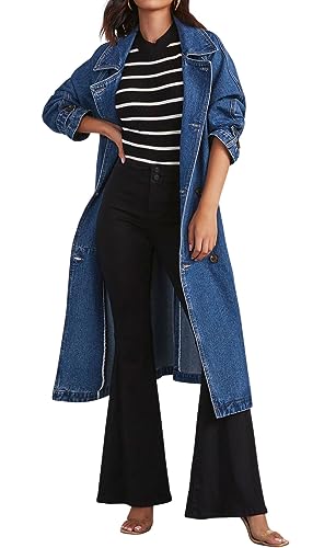 CHARTOU Women's Casual Double Breasted Long Denim Trench Coat Jean Jacket Trenchcoat with Belt Duster Coat (Small,Blue)
