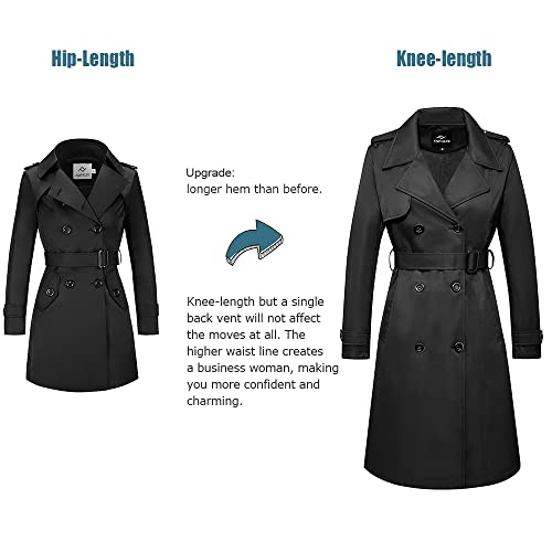 FARVALUE Women's Long Trenchcoat Double Breasted Trench Coat Water Resistant Classic Peacoat with Belt Black Medium