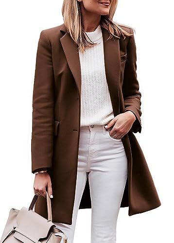 Zwurew Womens Pea Coat Notched Lapel Collar Single Breasted Mid-Long Casual Trench Coats Dark Brown Fall Winter Jacket
