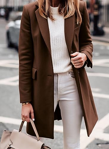 Zwurew Womens Pea Coat Notched Lapel Collar Single Breasted Mid-Long Casual Trench Coats Dark Brown Fall Winter Jacket