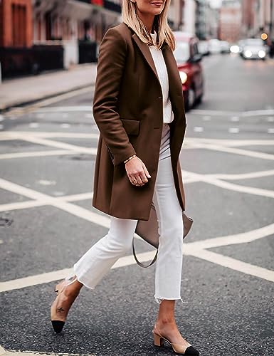 Zwurew Womens Pea Coat Notched Lapel Collar Single Breasted Mid-Long Casual Trench Coats Dark Brown Fall Winter Jacket