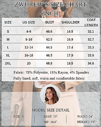 Zwurew Womens Pea Coat Notched Lapel Collar Single Breasted Mid-Long Casual Trench Coats Dark Brown Fall Winter Jacket