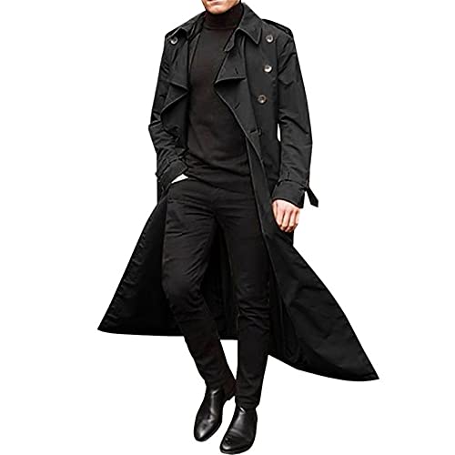 Sinzelimin Men's Trench Coat Fashion Easy Notch Lapel Business Casual Jacket Solid Long Pea Coat Windbreaker Overcoat