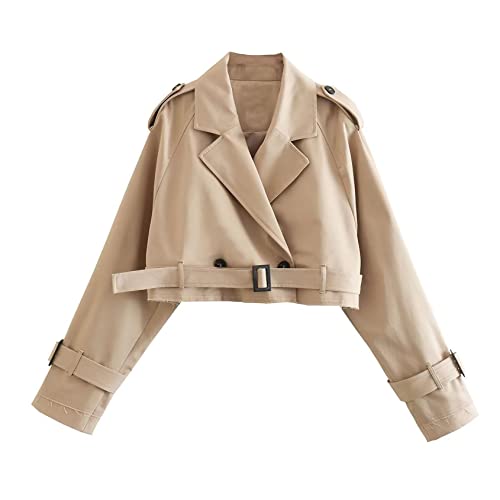 Perbai Womens Cropped Trench Coat Lightweight Lapel Double Breasted Belted Office Work Peacoat(Beige-L)