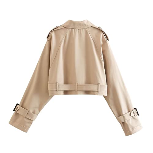 Perbai Womens Cropped Trench Coat Lightweight Lapel Double Breasted Belted Office Work Peacoat(Beige-L)