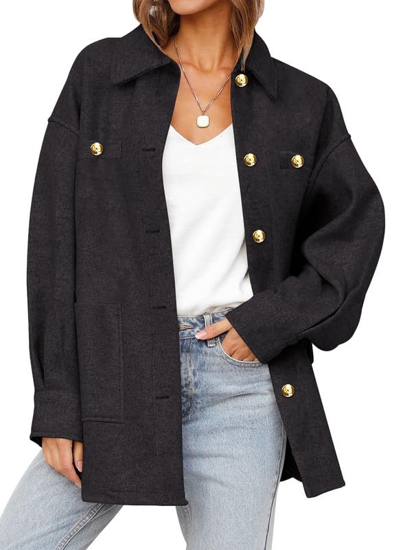 Dokotoo Women's Fall Oversized Long Sleeve Casual Shacket Jacket 2024 Button Down Cropped Trench Coats with Pockets,Black Large