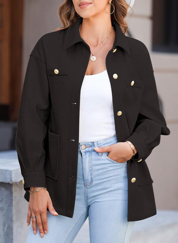 Dokotoo Women's Fall Oversized Long Sleeve Casual Shacket Jacket 2024 Button Down Cropped Trench Coats with Pockets,Black Large
