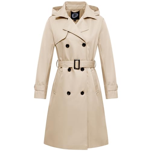 Garemcy Women's Long Waterproof Trench Coat Double Breasted Classic Lapel Coat Belted Coat with Detachable Hood Khaki X-Large