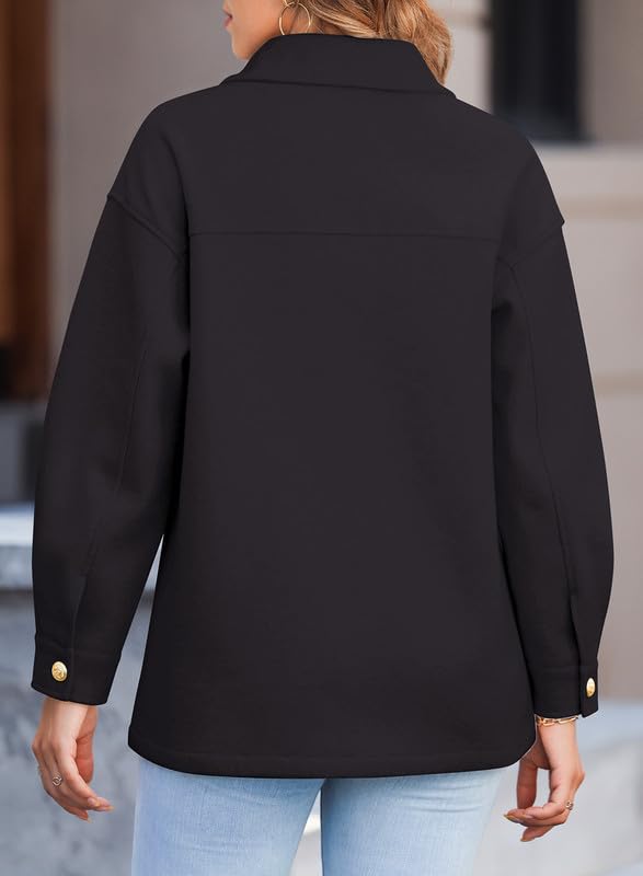 Dokotoo Women's Fall Oversized Long Sleeve Casual Shacket Jacket 2024 Button Down Cropped Trench Coats with Pockets,Black Large