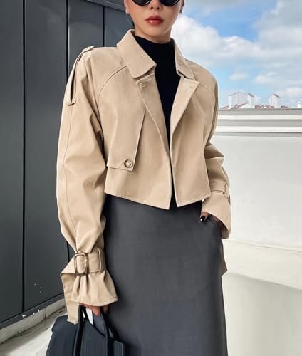 Kedera Women's Cropped Trench Coat Long Sleeve Casual Jacket Classic Double-Breasted Lapel Overcoat Fashion Outerwear