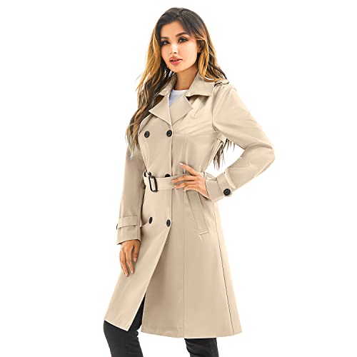 Garemcy Women's Long Waterproof Trench Coat Double Breasted Classic Lapel Coat Belted Coat with Detachable Hood Khaki X-Large