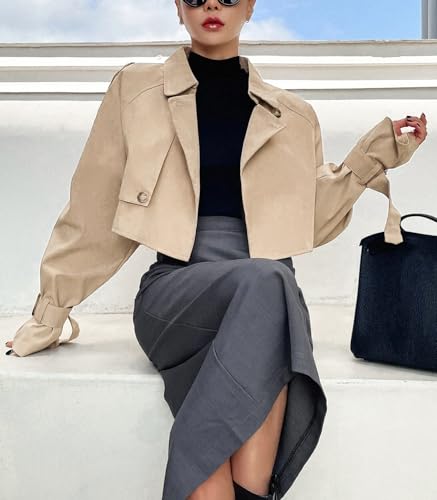 Kedera Women's Cropped Trench Coat Long Sleeve Casual Jacket Classic Double-Breasted Lapel Overcoat Fashion Outerwear