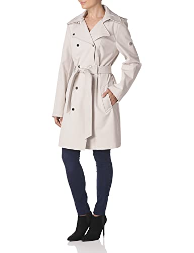 Calvin Klein Women's Double Breasted Belted Rain Jacket With Removable Hood, Oyster, Large