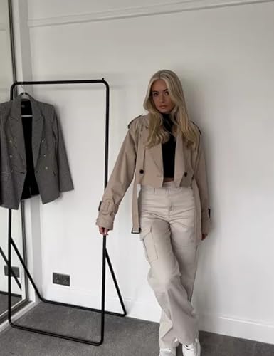 Perbai Womens Cropped Trench Coat Lightweight Lapel Double Breasted Belted Office Work Peacoat(Beige-L)