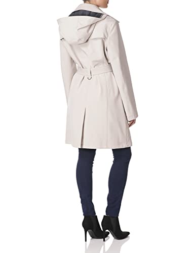 Calvin Klein Women's Double Breasted Belted Rain Jacket With Removable Hood, Oyster, Large