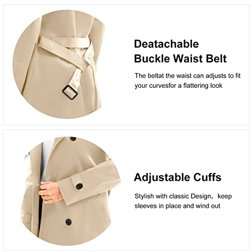 Garemcy Women's Long Waterproof Trench Coat Double Breasted Classic Lapel Coat Belted Coat with Detachable Hood Khaki X-Large