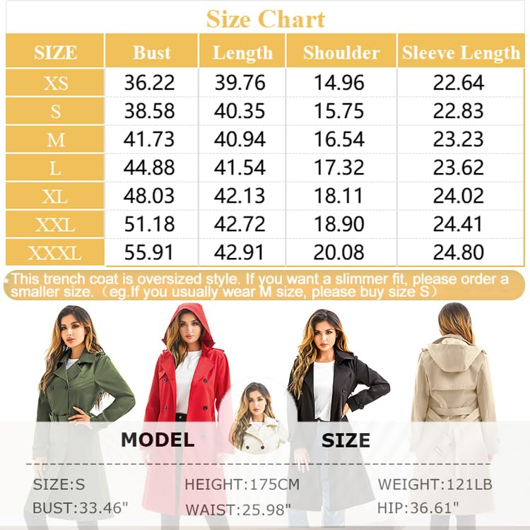 Garemcy Women's Long Waterproof Trench Coat Double Breasted Classic Lapel Coat Belted Coat with Detachable Hood Khaki X-Large