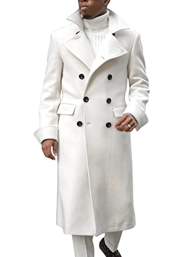 Ebifin Men's Notch Lapel Double Breasted Long Trench Coat Casual Cotton Blend Peacoat