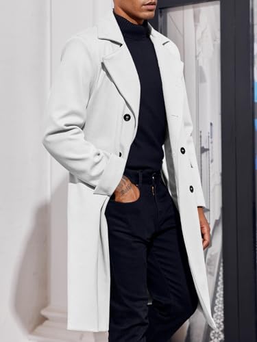 Ebifin Men's Notch Lapel Double Breasted Long Trench Coat Casual Cotton Blend Peacoat