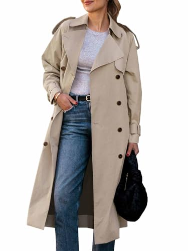 Cicy Bell Womens Long Trench Coat Double Breasted Classic Lapel Fall Overcoat with Belt