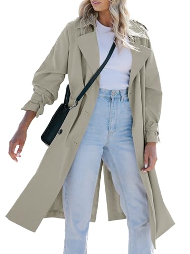 Tankaneo Women's Long Trench Coat Double Breasted Classic Lapel Oversized Windproof Overcoat Outerwear with Belt