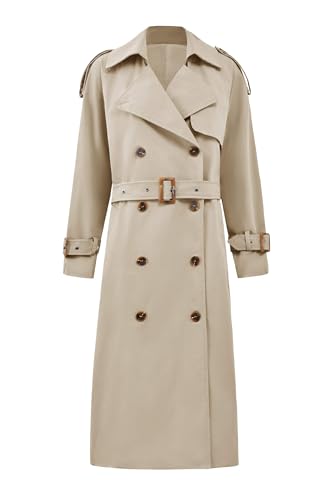 Cicy Bell Womens Long Trench Coat Double Breasted Classic Lapel Fall Overcoat with Belt