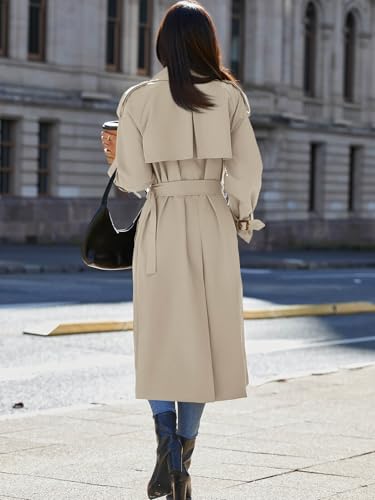 Cicy Bell Womens Long Trench Coat Double Breasted Classic Lapel Fall Overcoat with Belt