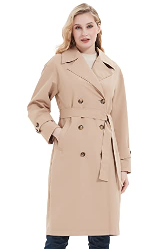 RISISSIDA Trench Coats for Women Long Double Breasted Spring Fall Plus Size Oversized Waterproof Rain Jacket Overcoat Beige 0292 XX-L