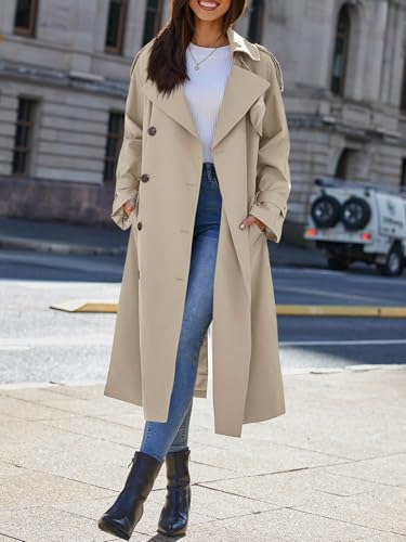 Cicy Bell Womens Long Trench Coat Double Breasted Classic Lapel Fall Overcoat with Belt