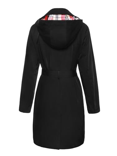SaphiRose Women's Water-Resistant Trench Coat Double-Breasted Long Peacoat with Removable Hood(Black Medium)