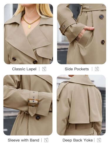 Cicy Bell Womens Long Trench Coat Double Breasted Classic Lapel Fall Overcoat with Belt