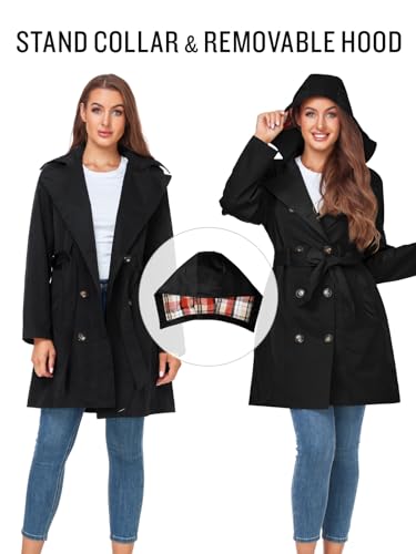 SaphiRose Women's Water-Resistant Trench Coat Double-Breasted Long Peacoat with Removable Hood(Black Medium)