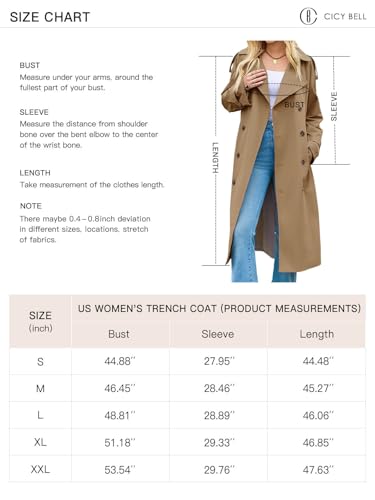 Cicy Bell Womens Long Trench Coat Double Breasted Classic Lapel Fall Overcoat with Belt