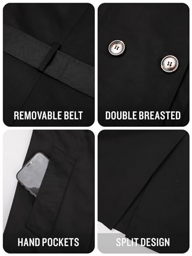 SaphiRose Women's Water-Resistant Trench Coat Double-Breasted Long Peacoat with Removable Hood(Black Medium)