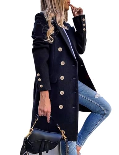 IDEALSANXUN Womens Fall Winter Wool Coats Double Breasted Midi Peacoat Trench Coats(Navy, XL)