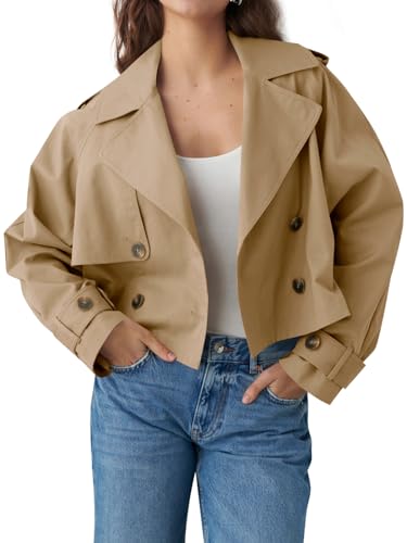 Tankaneo Womens Cropped Trench Coat Lapel Double Breasted Short Jacket Outwear with Pockets