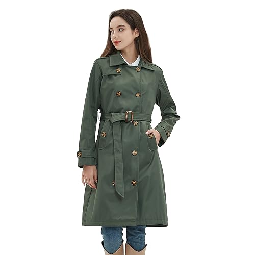 Kugnala Womens Trench Coat Double-Breasted Long windbreak Belted Slim Outerwear Coat with Detachable Hood Black Green L