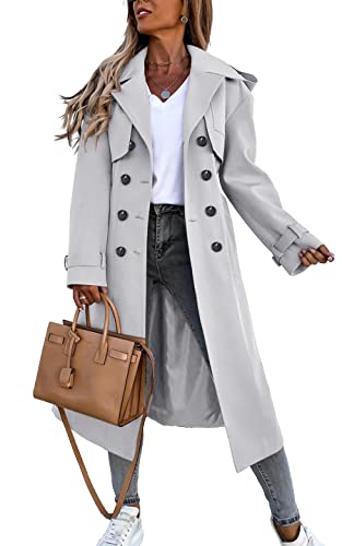 Fisoew Women's Double Breasted Long Trench Coat Windproof Classic Lapel Belted Overcoat with Pockets Medium