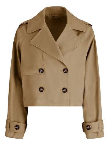 Tankaneo Womens Cropped Trench Coat Lapel Double Breasted Short Jacket Outwear with Pockets